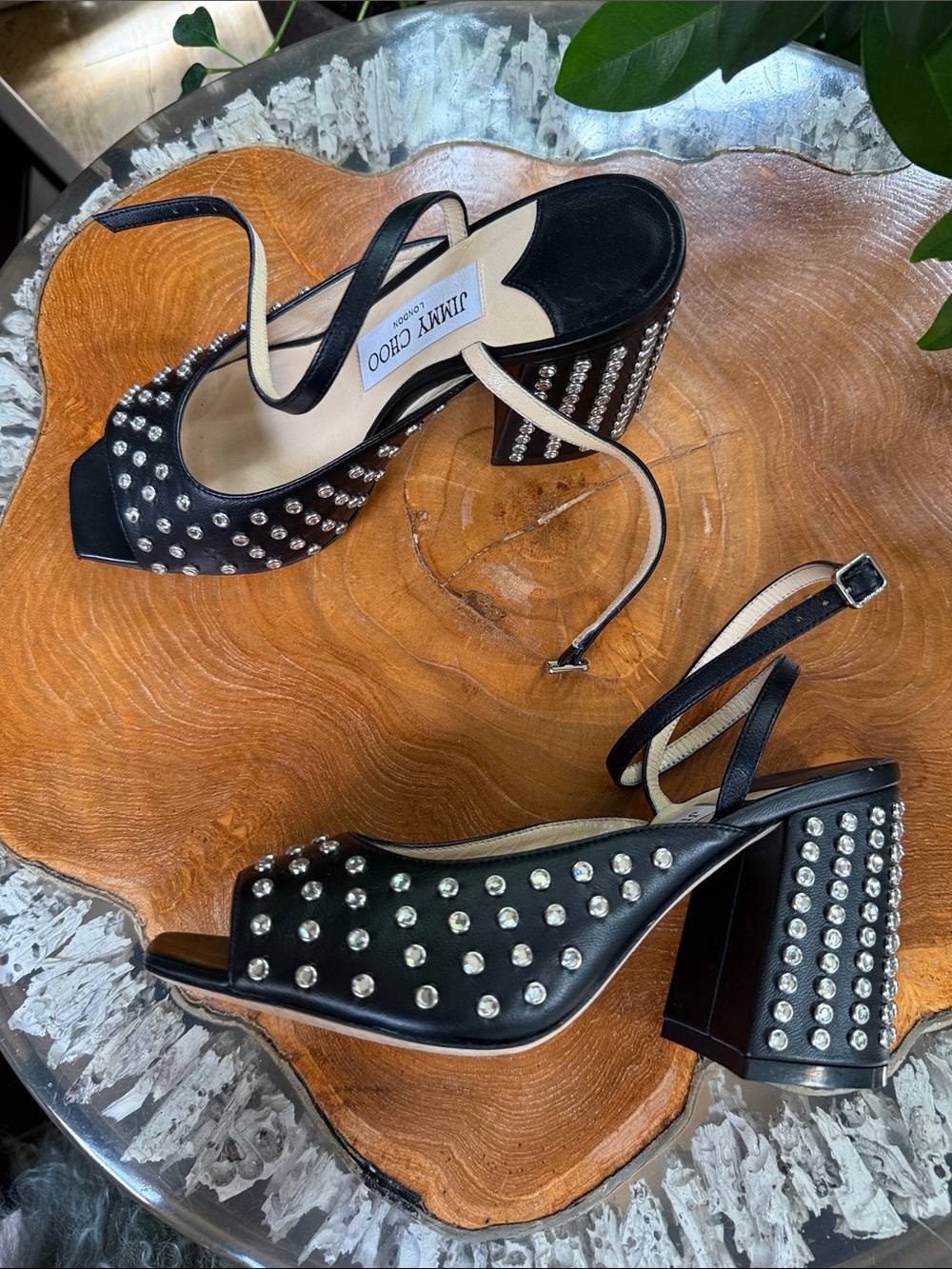 Jimmy Choo Black Studded Block Heel Sandals with Crystal Accents